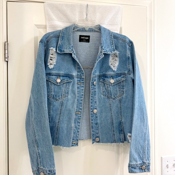 refuge Jackets & Blazers - Refuge Distressed Denim Jacket Button Down Raw Hem--Size Large